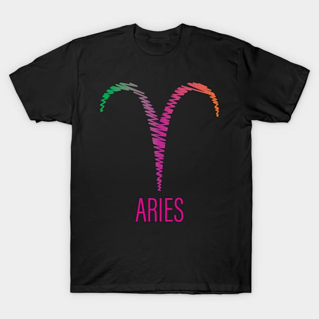 Aries Zodiac Scribble Multicolor T-Shirt by centeringmychi